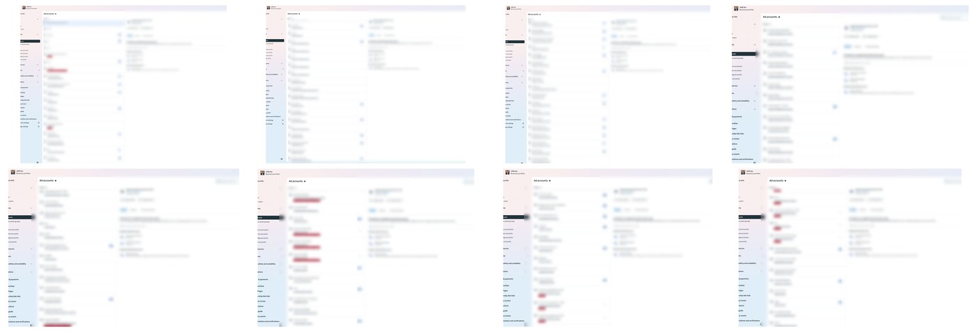 Business Manager roster captures with client names blurred, showing the scale of the ad account list