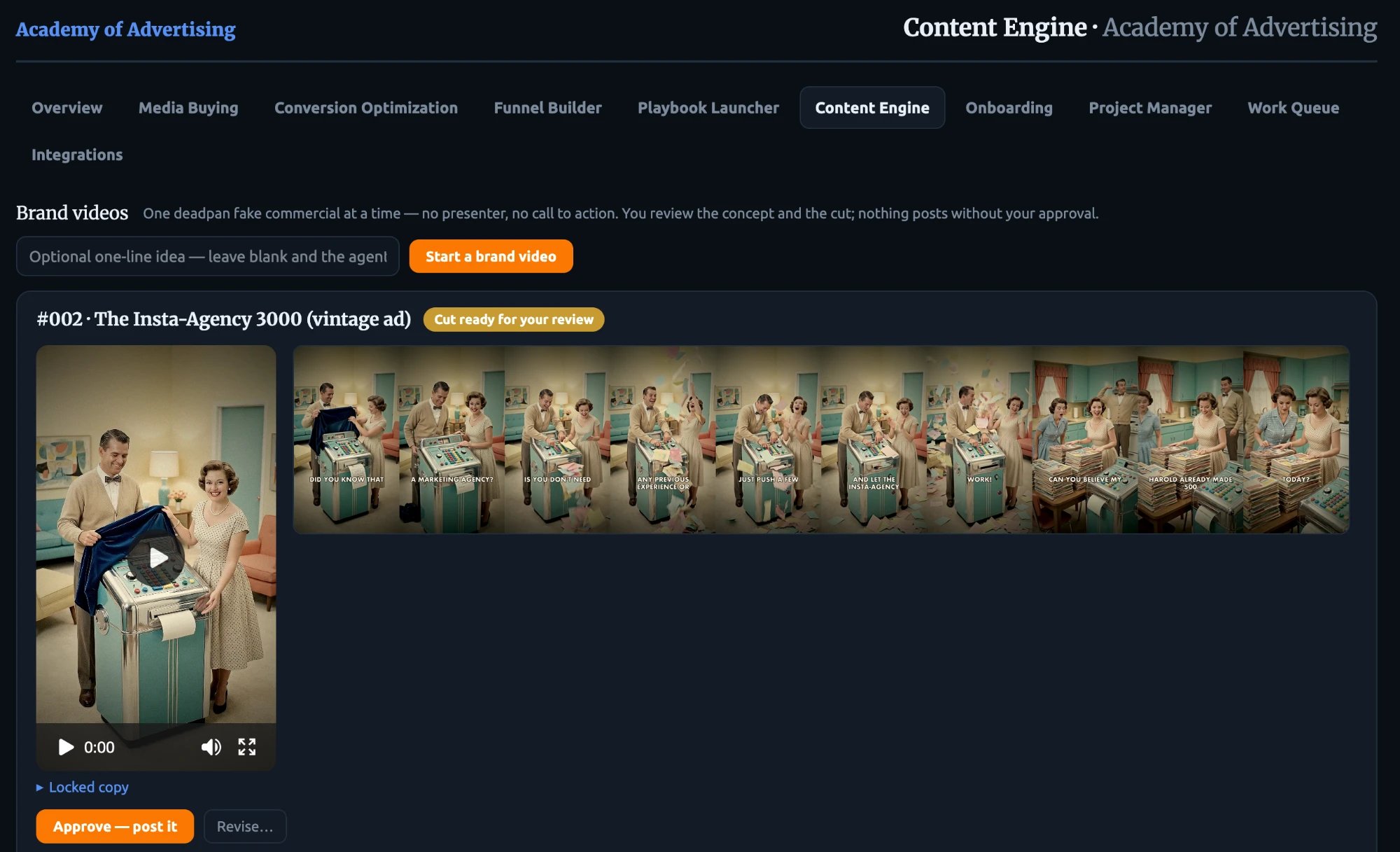 Mission Control Content Engine: a finished video waiting for approval