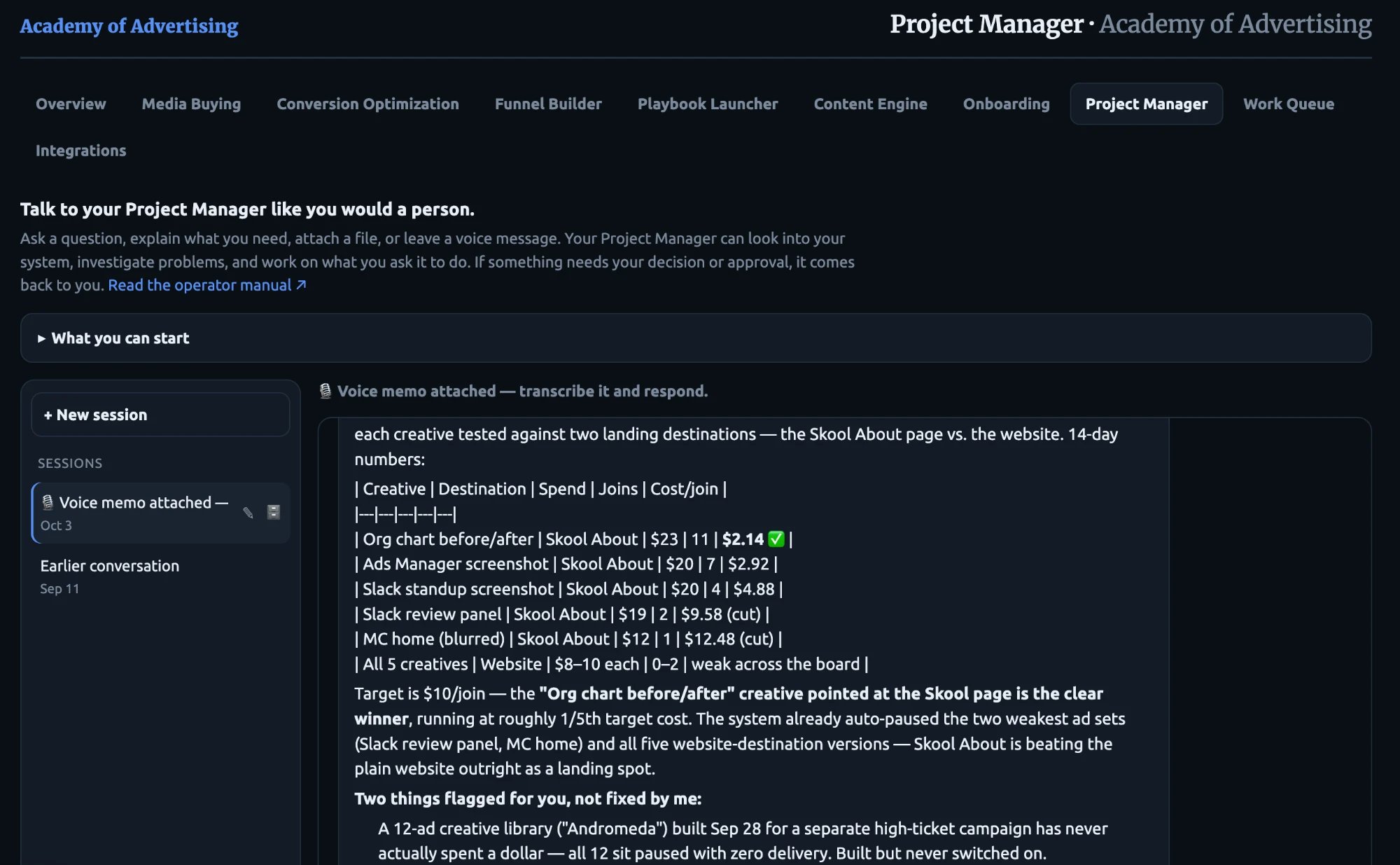 Mission Control Project Manager: ask what your marketing is producing, in plain English