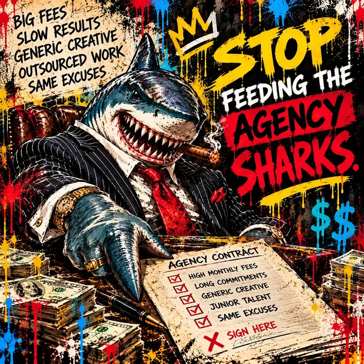 Street-art painting of a grinning shark in a pinstripe suit with a cigar, sliding an agency contract across a desk piled with cash. Contract checklist: high monthly fees, long commitments, generic creative, junior talent, same excuses. Text: Stop feeding the agency sharks.