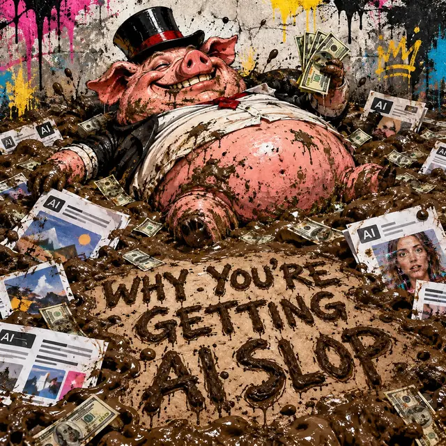 Street-art painting of a grinning pig in a top hat wallowing in mud, cash and AI-generated ads. Text in the mud: Why you're getting AI slop.