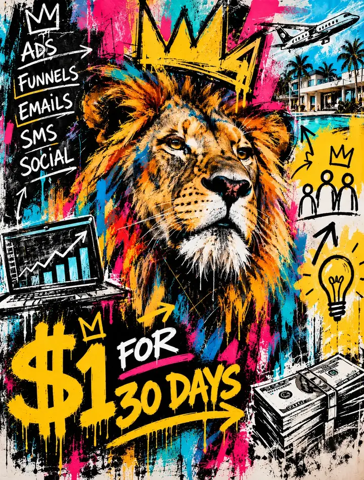Street-art crowned lion with the words $1 for 30 days