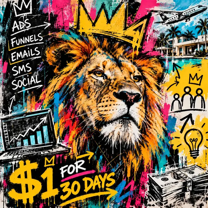 Street-art lion wearing a hand-drawn crown, surrounded by doodles of ads, funnels, emails, SMS and social. Text: $1 for 30 days.