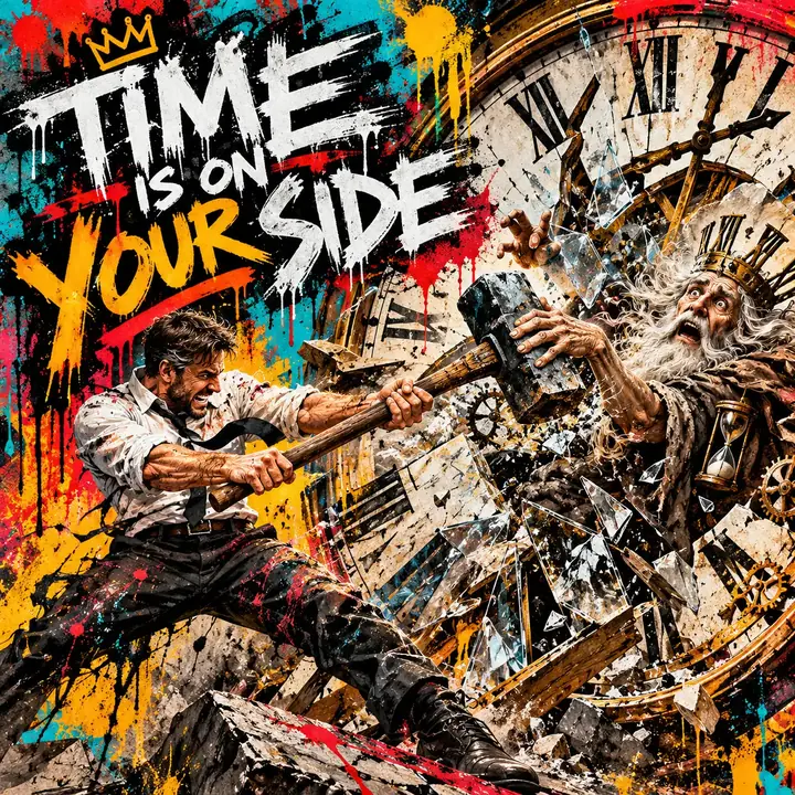 Street-art painting of a business owner smashing a giant clock with a sledgehammer while Father Time recoils. Text: Time is on your side.