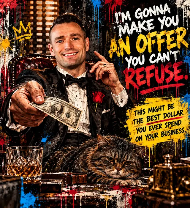 Street-art portrait of the founder as a cinematic mob boss in a tuxedo, holding out a one-dollar bill. Text: I'm gonna make you an offer you can't refuse. This might be the best dollar you ever spend on your business.