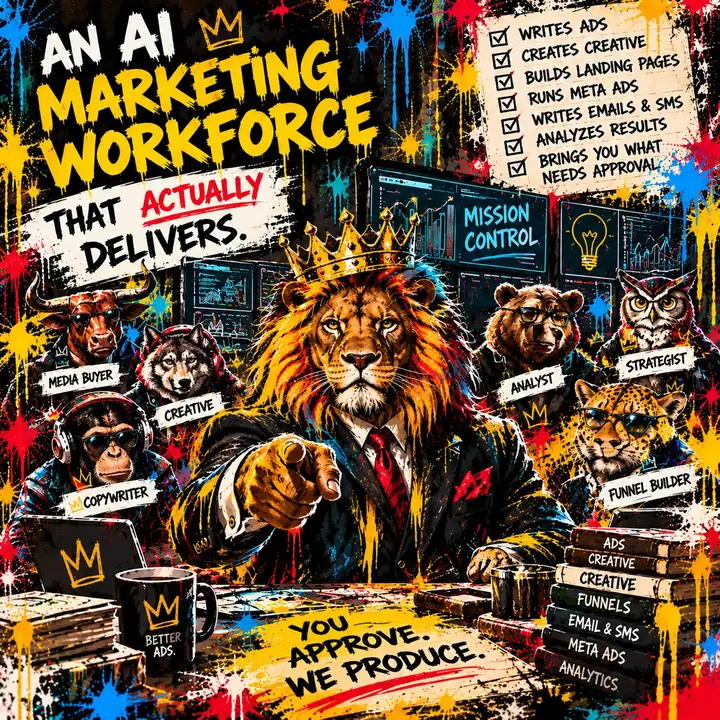 Street-art painting of a crowned lion in a suit pointing at the viewer, surrounded by animal teammates labeled media buyer, creative, copywriter, analyst, strategist and funnel builder, with Mission Control screens behind. Text: An AI marketing workforce that actually delivers. You approve. We produce.
