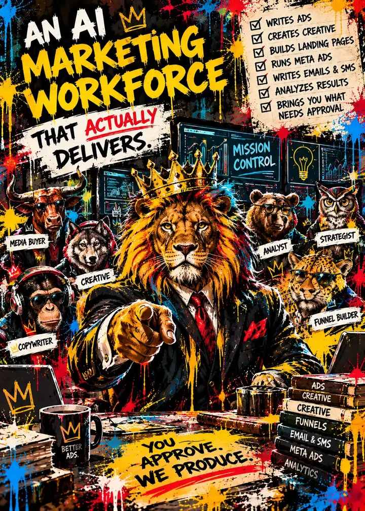 Street-art crowned lion in a suit pointing at the viewer, surrounded by animal teammates