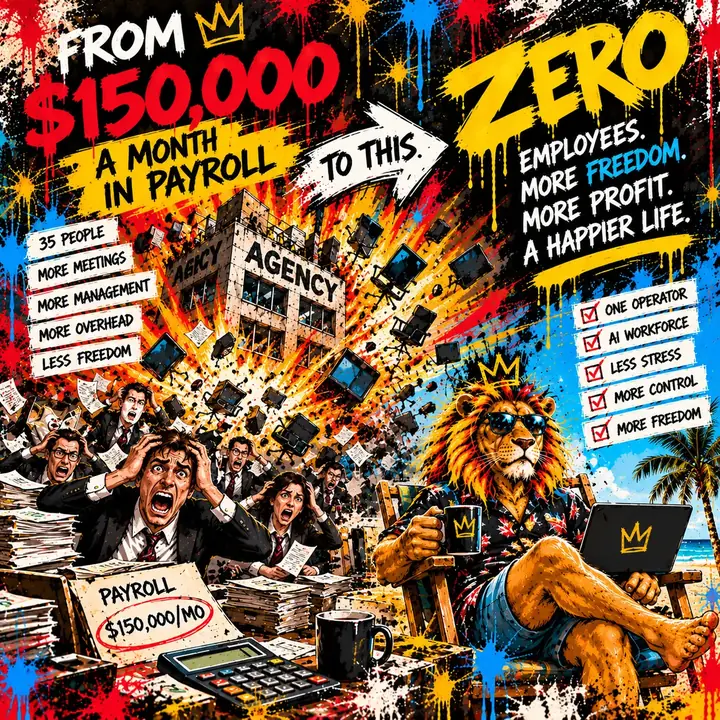 Street-art split scene: on the left an agency building explodes over panicked staff, a payroll sheet reading $150,000 per month and tags for 35 people, more meetings, more management, more overhead, less freedom; on the right a crowned lion in sunglasses relaxes on a beach with a laptop. Text: From $150,000 a month in payroll to this. Zero employees. More freedom. More profit. A happier life.